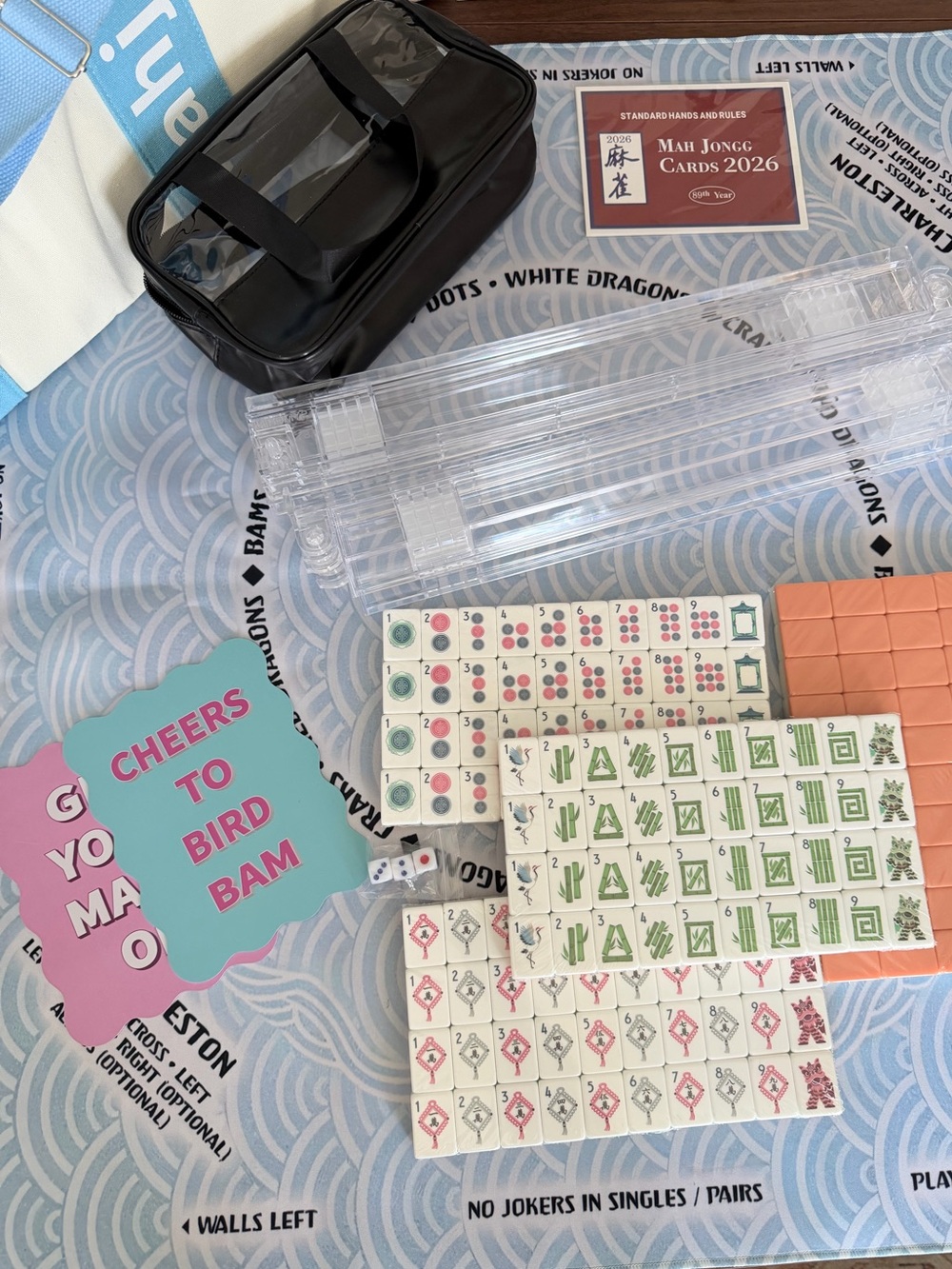 Mahjong Set - Tiles, Mat, Racks and bag - blue and coral/orange
